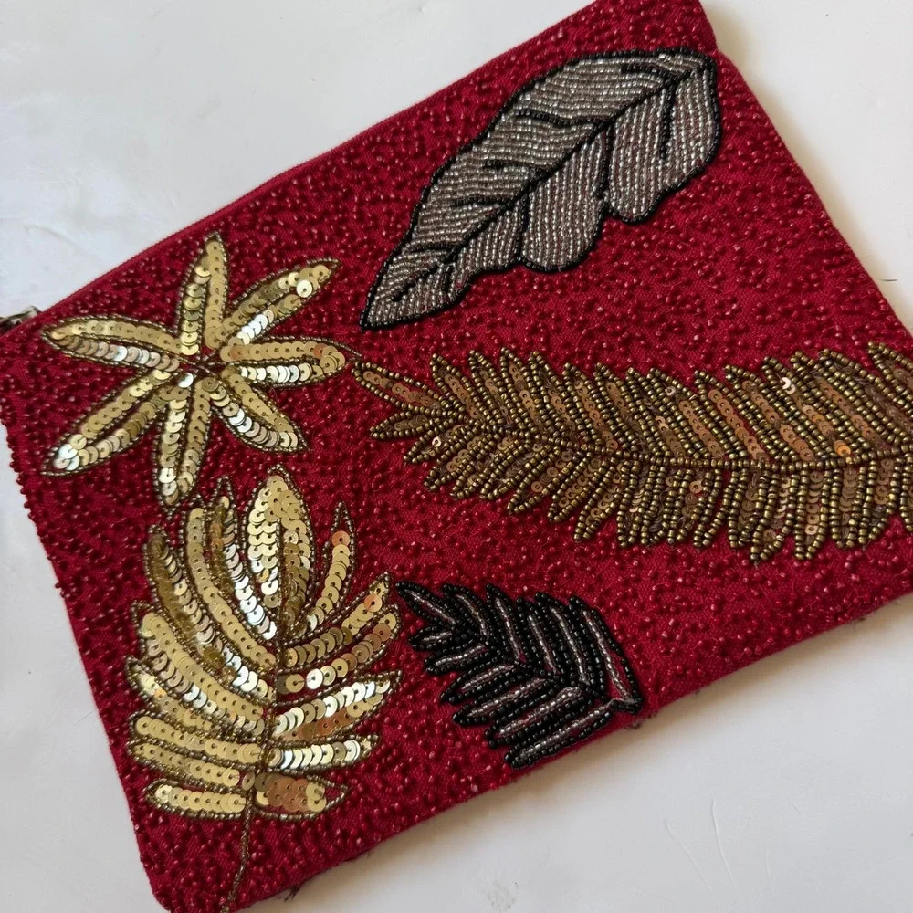 America & Beyond Burgundy Beaded Sequin Leaf Wristlet Clutch Formal Evening Bag